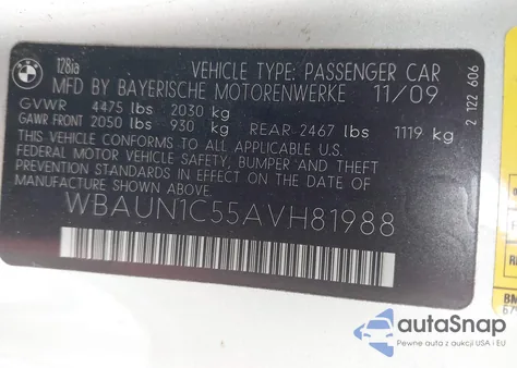 2010 BMW 128I из США, поврежденный, VIN WBAUN1C55AVH81988